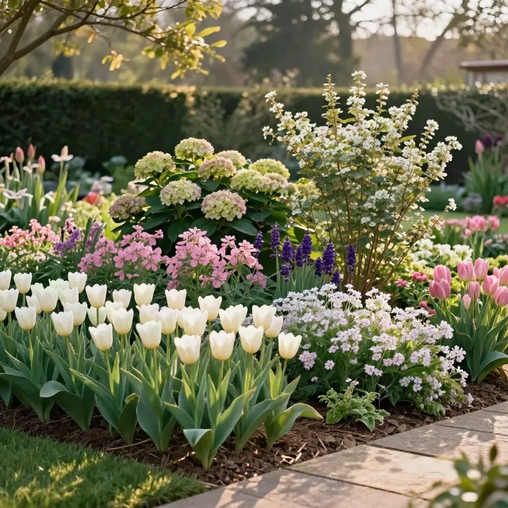 Gelaagde border met tulpen, salvia, astrantia, hortensia en bloeiende struik in zachte bloei.