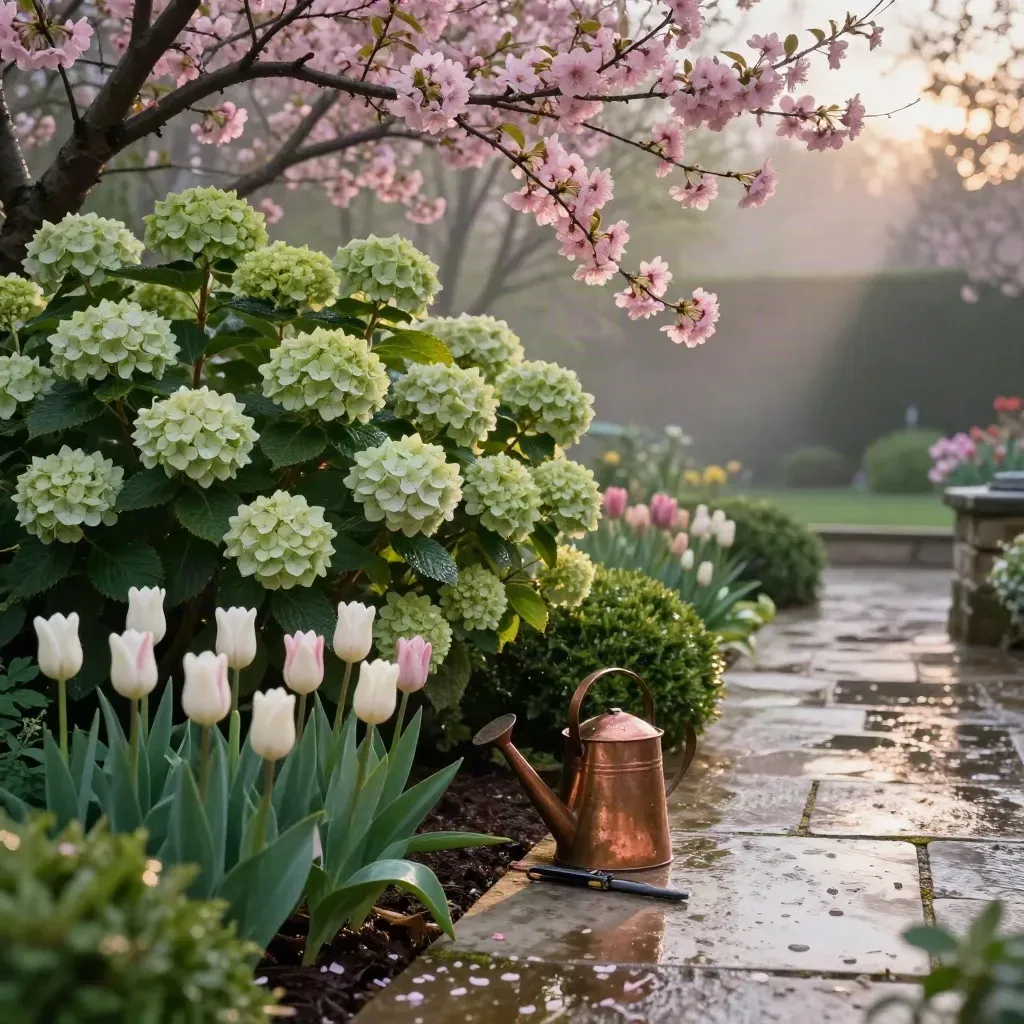 Voorjaarsborder met hortensia’s, bloesemtakken, tulpen en koperen gieter op natte steen.