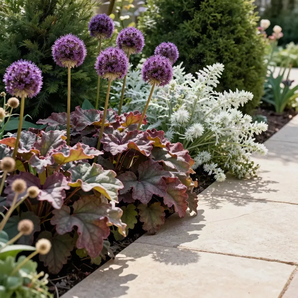 Bloeiende border met alliums, heuchera en spirea langs een licht stenen pad in de wind