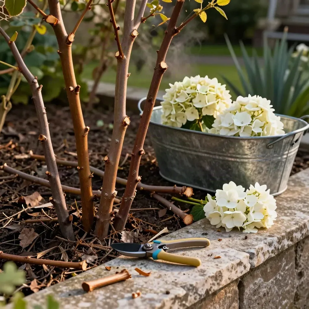 Gesnoeide rozentakken en hortensia's naast een zinken trug in een rustige tuinborder.