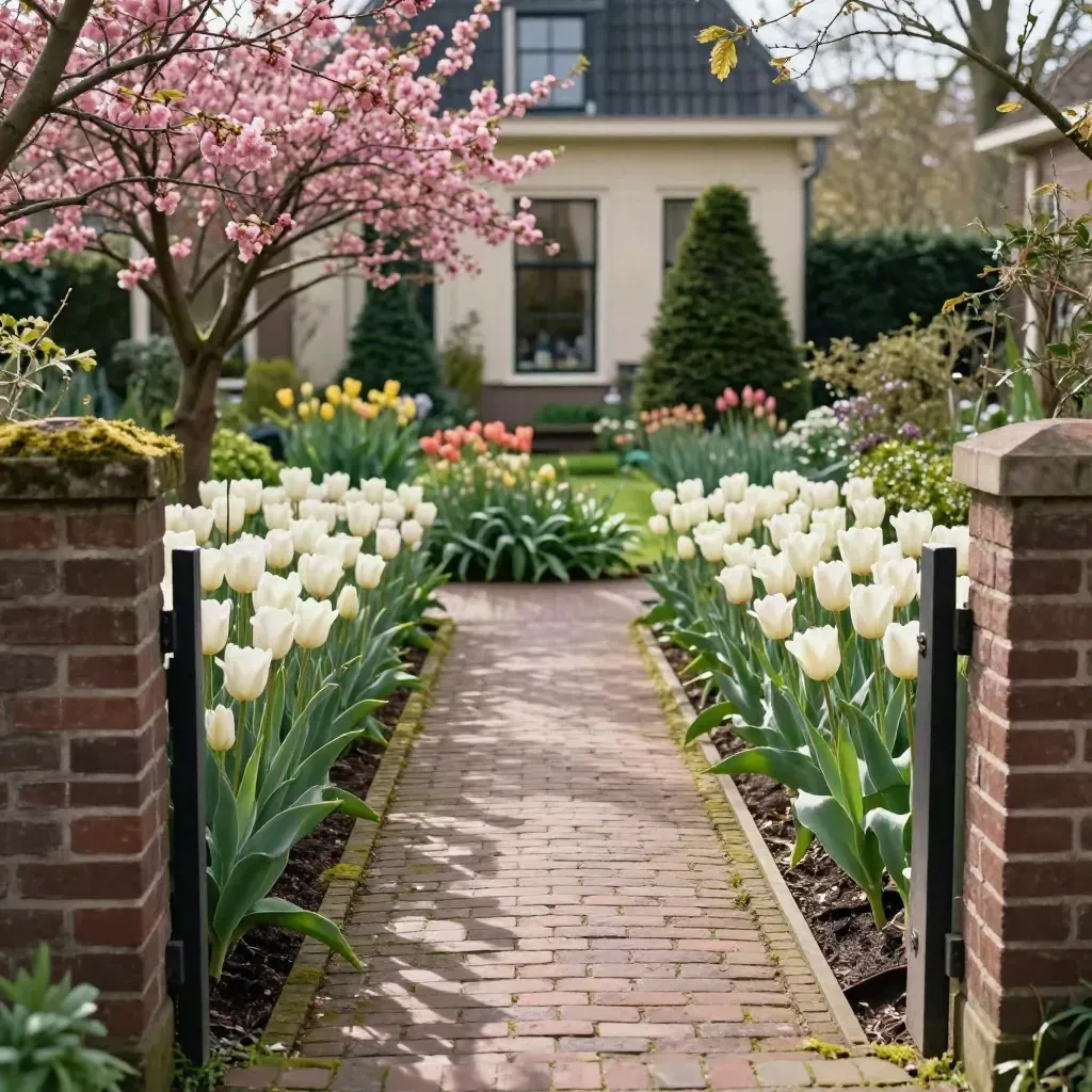 Bloeiende voortuin in Haarlem met bakstenen pad, tulpen en roze bloesem