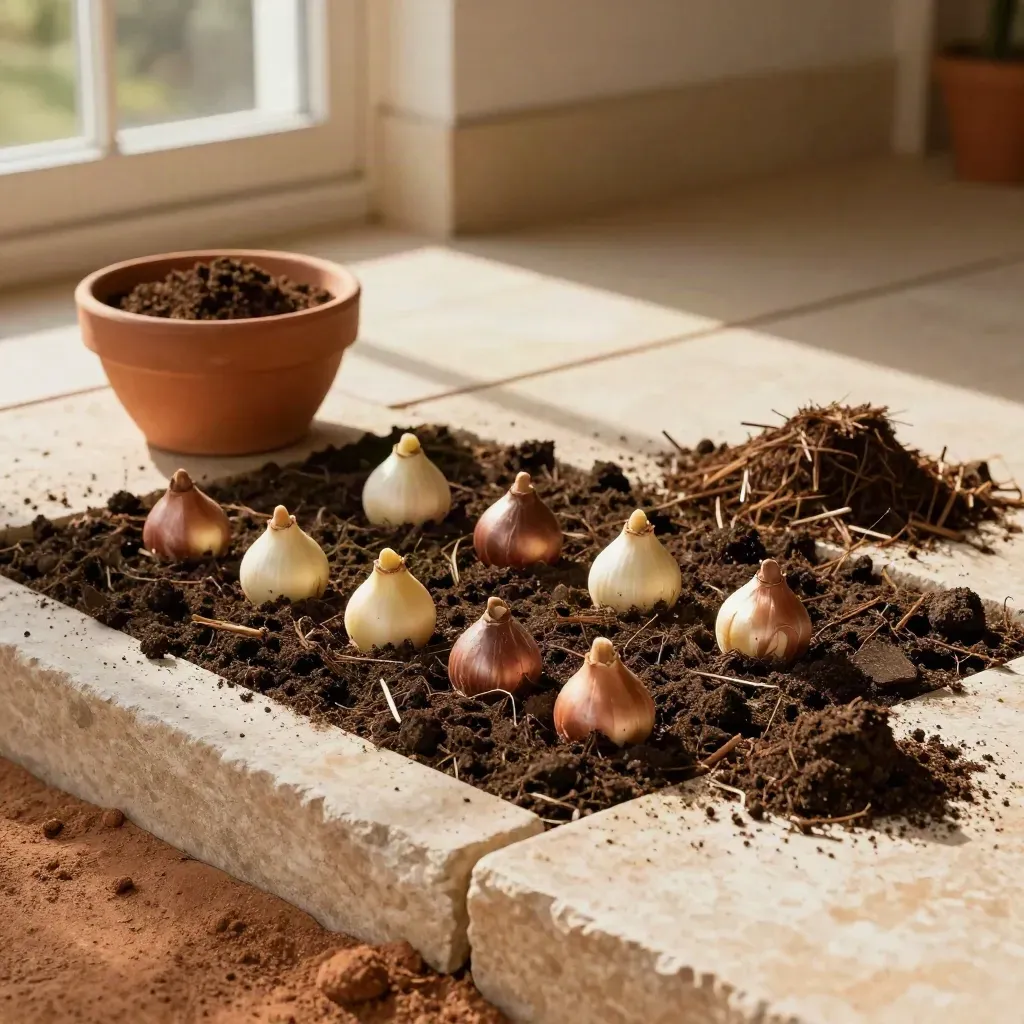 Donkere tuinaarde met bloembollen, compost en mulch op lichte steen.