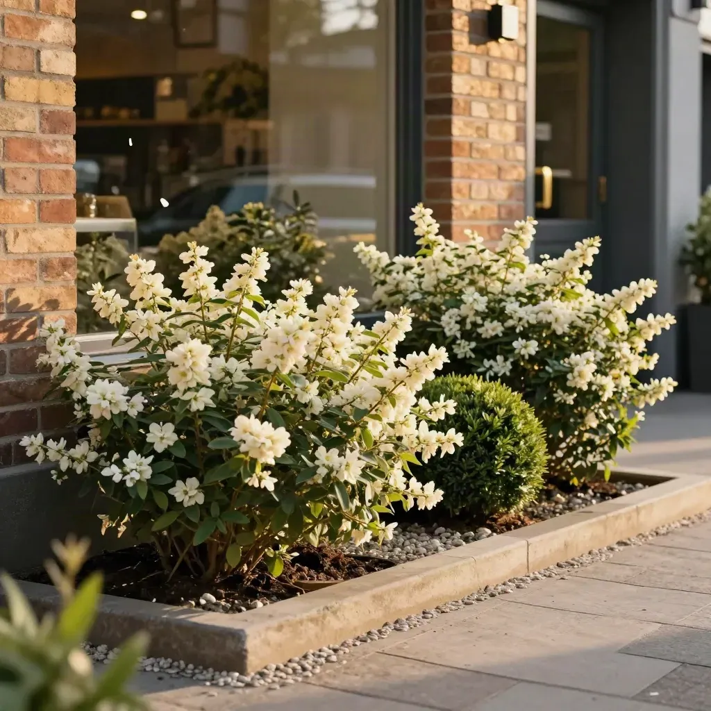 Bloemborder bij een winkelpand met bloeiende struiken, buxus en strak grind langs warm baksteen.