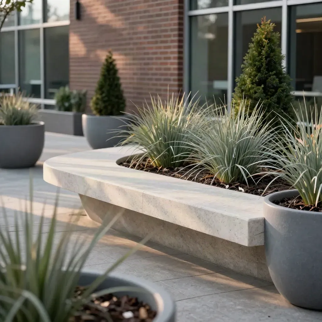 Extreme macro van een rustige kantoortuin in Utrecht met plantenbakken, siergras en een stenen bankje.