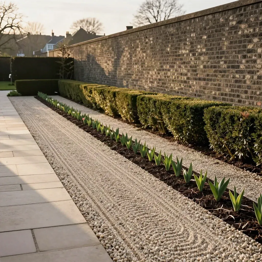 Gestileerde tuinborder met raked gravel, gesnoeide buxus en frisse bollen naast een townhousegevel.