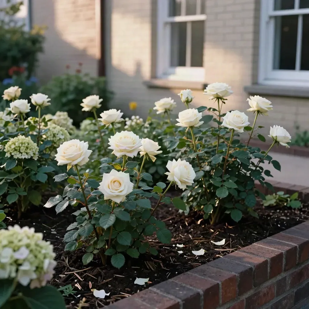 Compacte stadstuin met strak gesnoeide rozen, hortensia’s en heesters langs bakstenen muur.