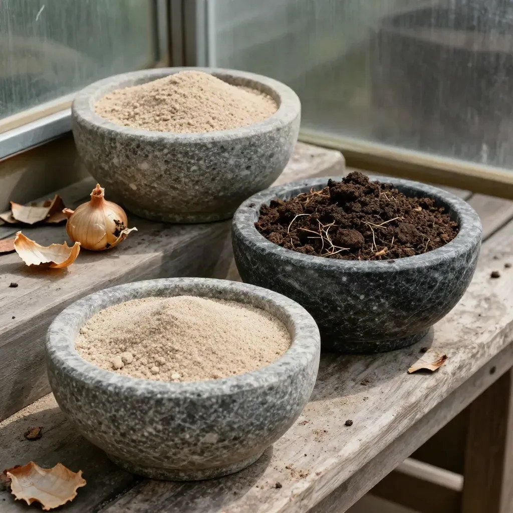 Drie stenen kommen met zand, leem en compost naast bloembolschillen en bastsnippers.