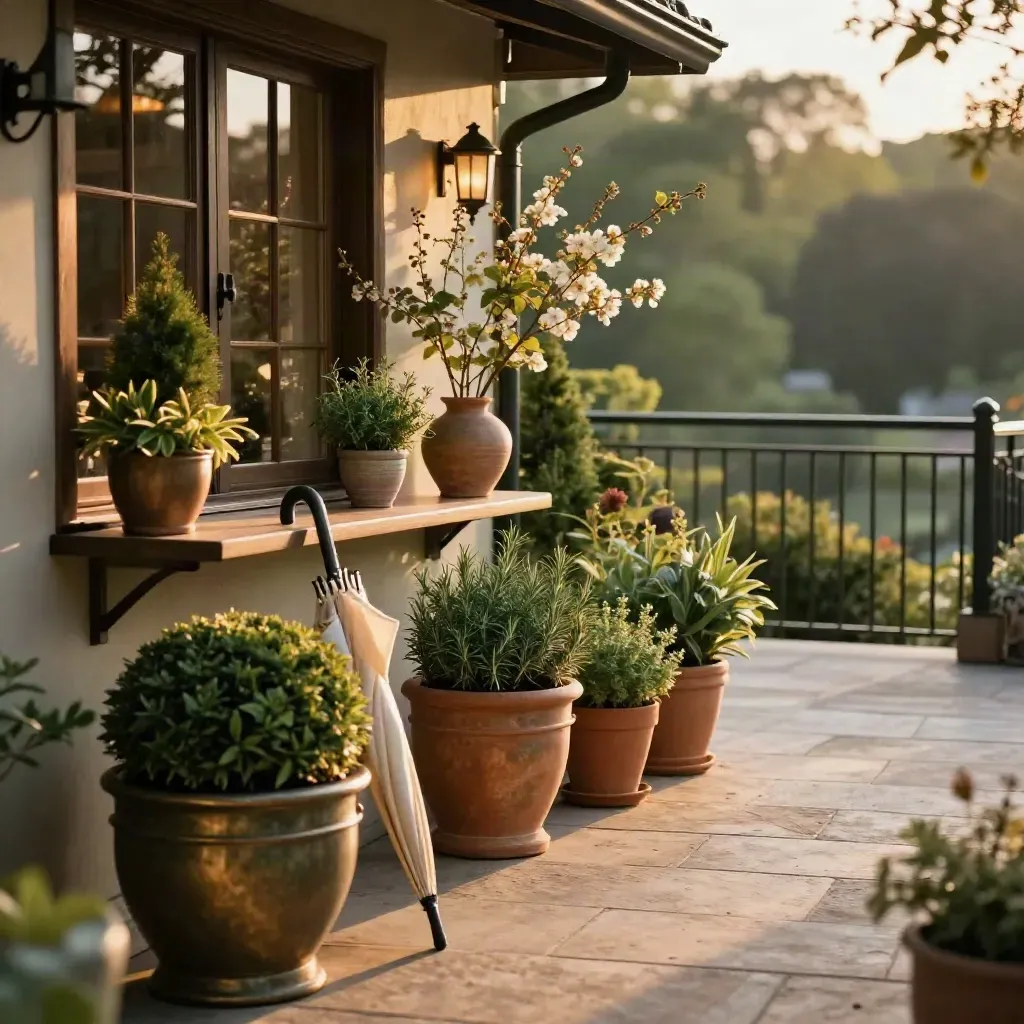 Moody terras van kleine horeca met kruidenpotten en groenblijvende planten in zacht avondlicht.