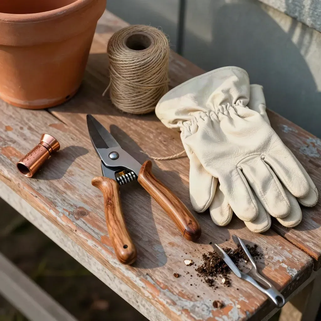 Onderhoudskit met snoeischaar, touw, handschoenen, koperen slangmond en handvork op een pottingbench.