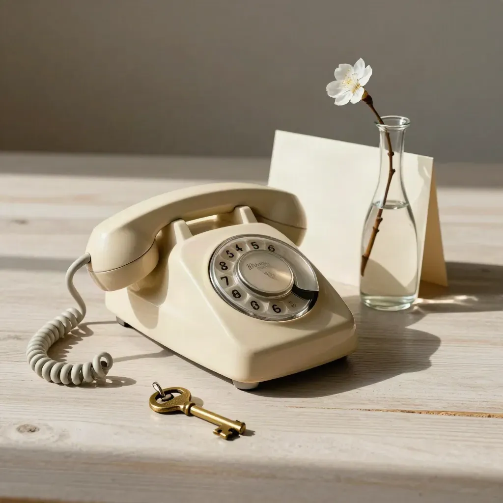 Crèmekleurige telefoonhoorn, messing sleutel en vaasje met bloesemtak op licht hout.