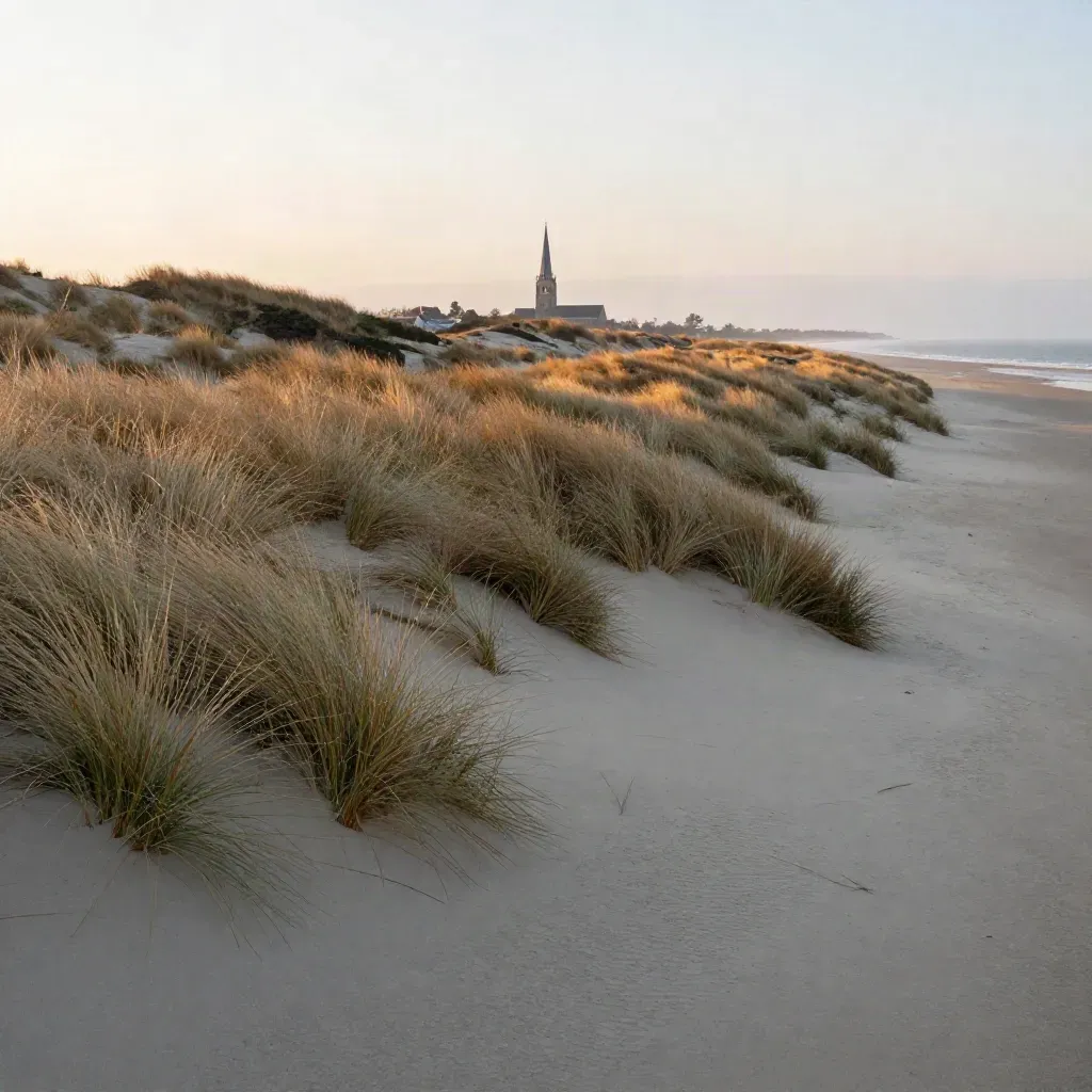 Kennemer duinen met verre Haarlemse kerktoren en zachte ochtendmist