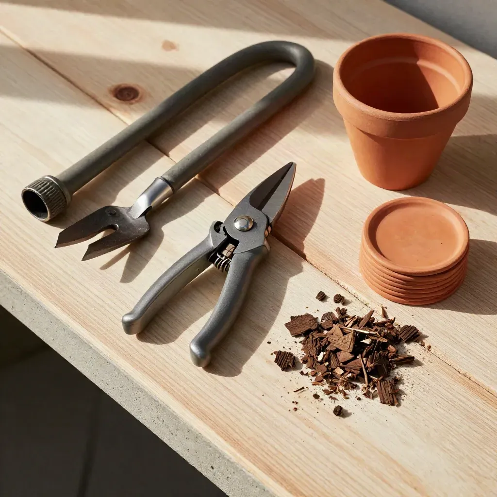 Bovenaanzicht van tuingereedschap op een natte houten werkbank met mulch en terracotta markeerders.