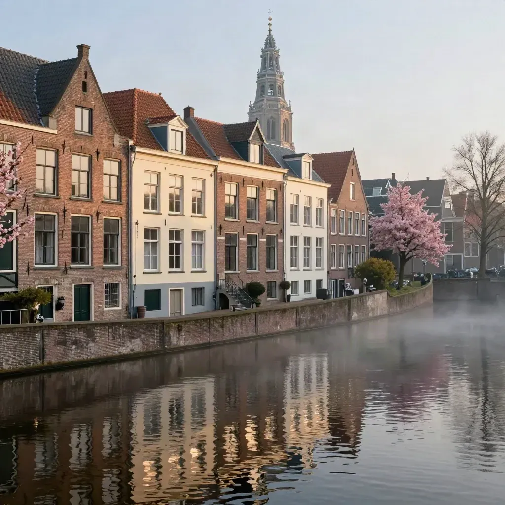 Delftse grachtenhuizen en een kerktoren boven rustig water in warme avondnevel