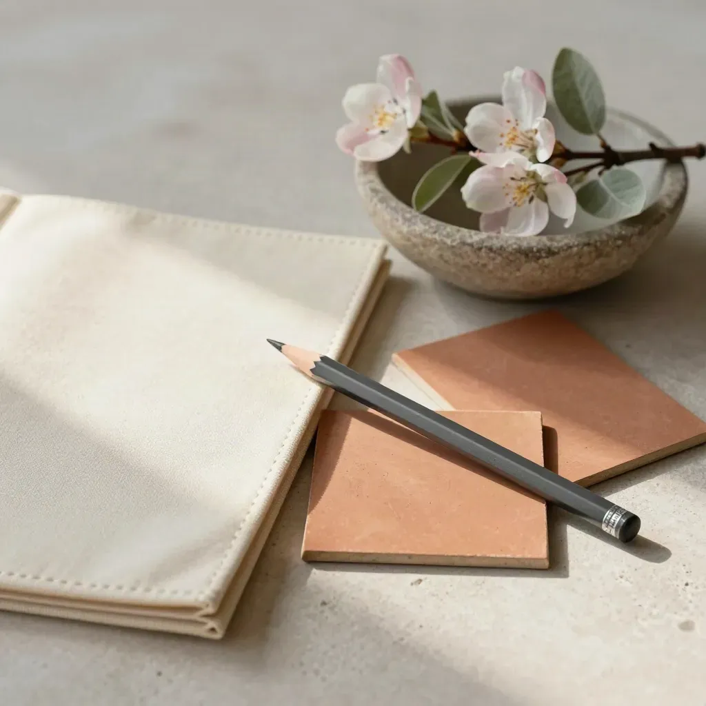 Portfolio, potlood, terracotta tegels en bloesemtakken op een lichte stenen ondergrond.