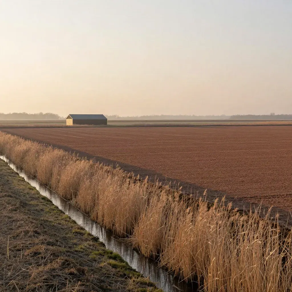 Flevoland polderland met slootlijnen, riet en een boerderijdak hoog in beeld.