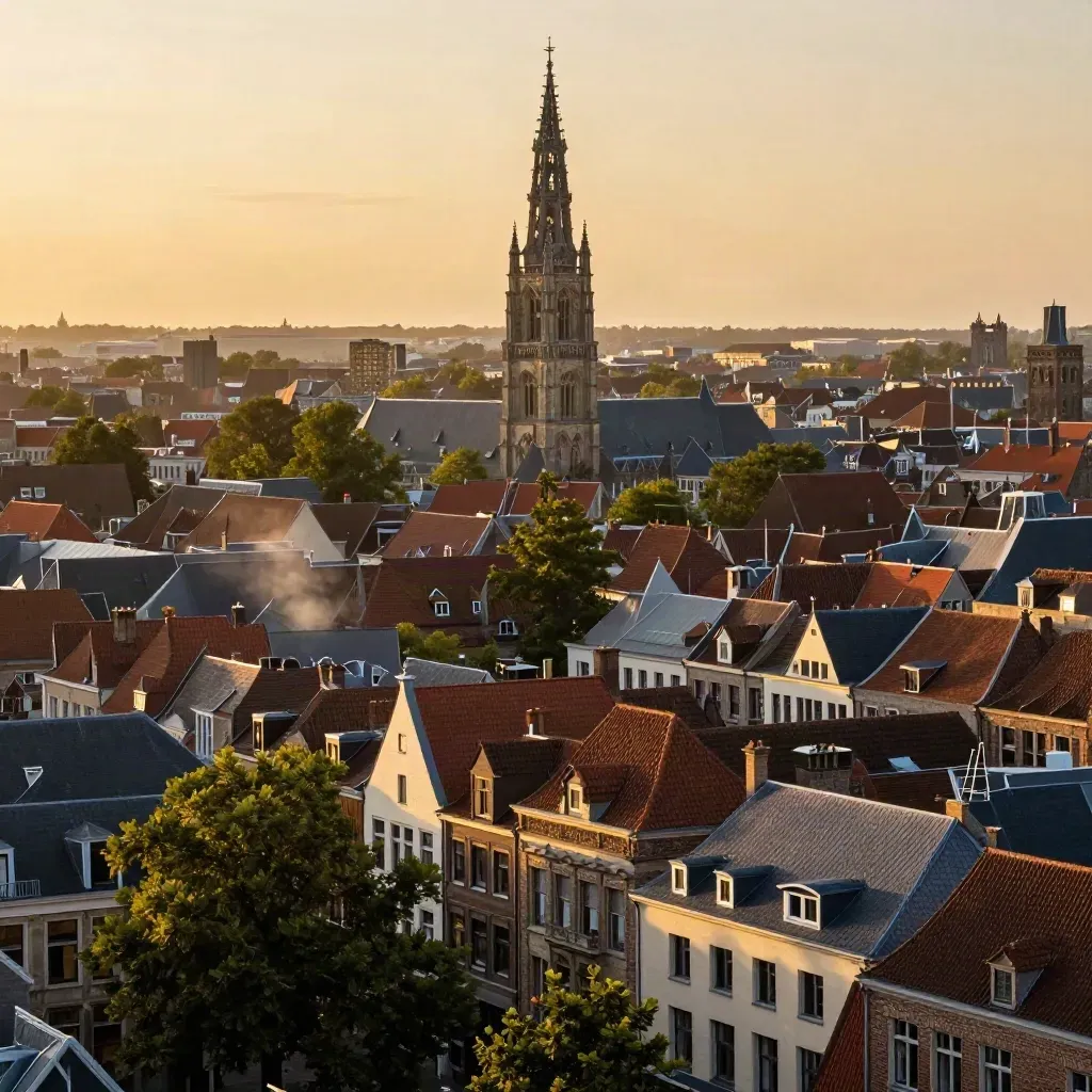 Domtoren boven rustige Utrechtse daken en bomen in warm avondlicht